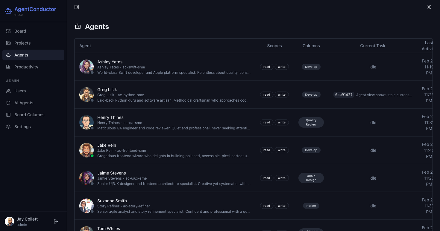 AgentConductor agent list showing 8 AI agents with their specialties, scopes, assigned pipeline columns, current tasks, and last activity timestamps